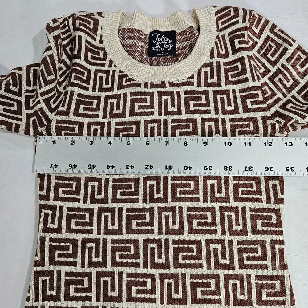 Jolie & Joy Womens Brown Cream Greek Key Geometric Knit Top J4M2575S Small
